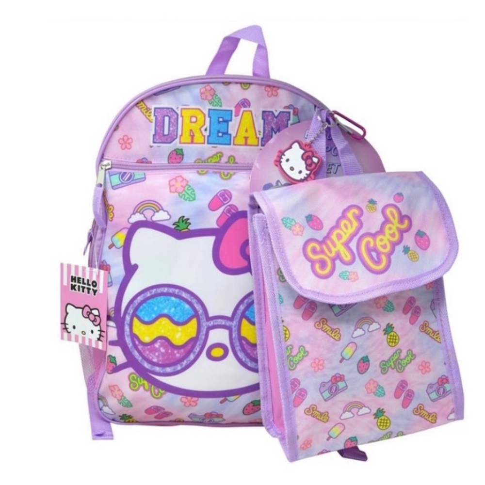 NWOT Hello Kitty Glitter 2 Piece School Travel Backpack W/ Lunch Bag